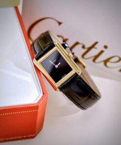 Đồng Hồ Cartier Tank Louis Nữ Vàng Gold Dây Da Đen Fake Cao Cấp 24x32mm