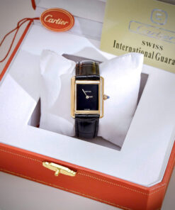 Đồng Hồ Cartier Tank Louis Nữ Vàng Gold Dây Da Đen Fake Cao Cấp 24x32mm