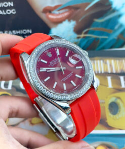 Đồng Hồ Rolex DateJust Máy Cơ Nhật Dây Cao Su Đỏ Đính Đá Fake Cao Cấp 41mm