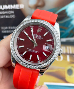 Đồng Hồ Rolex DateJust Máy Cơ Nhật Dây Cao Su Đỏ Đính Đá Fake Cao Cấp 41mm