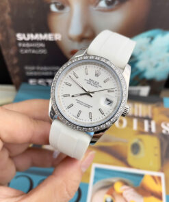 Đồng Hồ Rolex DateJust Nam Dây Cao Su Trắng Cọc Số Dạ Quang Fake Cao Cấp 41mm