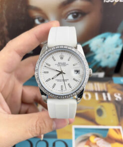Đồng Hồ Rolex DateJust Nam Dây Cao Su Trắng Cọc Số Dạ Quang Fake Cao Cấp 41mm