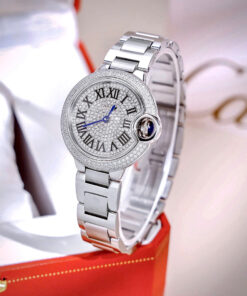 Đồng hồ Cartier Ballon Bleu nữ đính full đá cọc số la mã dây kim loại fake cao cấp 33mm