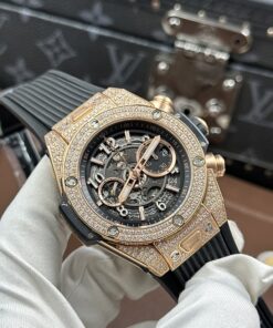 Đồng hồ Hublot Big Bang Unico King Gold Rep 11 đính full đá dây cao su 45mm (2)
