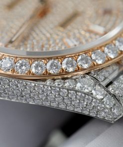 Đồng hồ Rolex DateJust chế tác demi vàng hồng đính full kim cương moissanite HongKong 36mm (2)