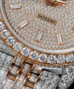 Đồng hồ Rolex DateJust chế tác demi vàng hồng đính full kim cương moissanite HongKong 36mm (2)