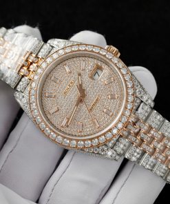 Đồng hồ Rolex DateJust chế tác demi vàng hồng đính full kim cương moissanite HongKong 36mm (2)