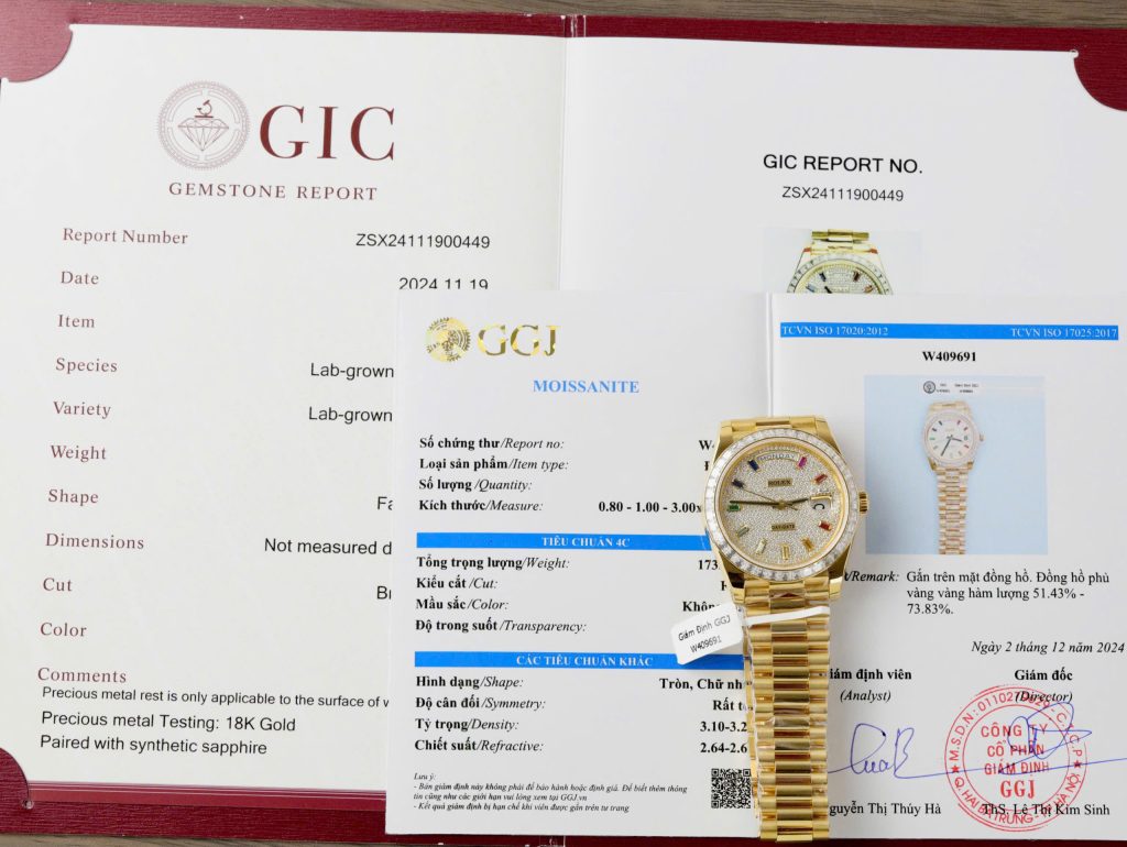 Đồng hồ Rolex Day-Date Replica 11 bọc vàng thật viền đính kim cương moissanite HongKong 40mm (2)