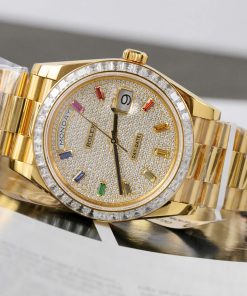 Đồng hồ Rolex Day-Date Replica 11 bọc vàng thật viền đính kim cương moissanite HongKong 40mm (2)