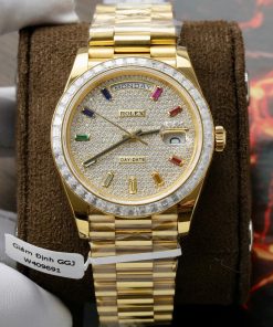 Đồng hồ Rolex Day-Date Replica 11 bọc vàng thật viền đính kim cương moissanite HongKong 40mm (2)