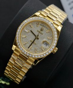 Đồng hồ Rolex Day-Date nam chế tác bọc vàng thật viền & mặt số đính kim cương moissanite 40mm (2)