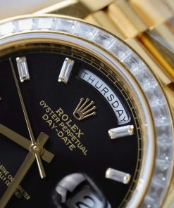 Đồng hồ Rolex Day-Date nam mặt đen chế tác bọc vàng thật viền đính kim cương moissanite baguette 40mm (2)