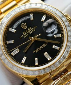 Đồng hồ Rolex Day-Date nam mặt đen chế tác bọc vàng thật viền đính kim cương moissanite baguette 40mm (2)