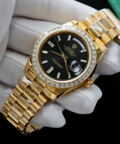Đồng hồ Rolex Day-Date nam mặt đen chế tác bọc vàng thật viền đính kim cương moissanite baguette 40mm (2)