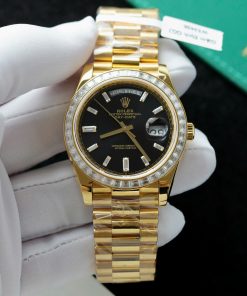 Đồng hồ Rolex Day-Date nam mặt đen chế tác bọc vàng thật viền đính kim cương moissanite baguette 40mm (2)