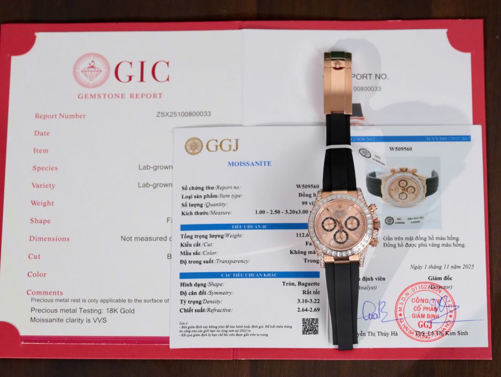 Đồng hồ Rolex Daytona mặt sundust chế tác bọc vàng thật viền đính kim cương moissanite baguette 40mm (2)