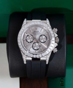 Đồng hồ Rolex Daytona mặt xám chế tác đính kim cương moissanite baguette 40mm (2)