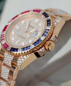 Đồng hồ Rolex GMT-Master II Replica 11 bọc vàng thật đính sapphire + kim cương moissanite 40mm (1)