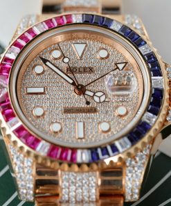 Đồng hồ Rolex GMT-Master II Replica 11 bọc vàng thật đính sapphire + kim cương moissanite 40mm (1)