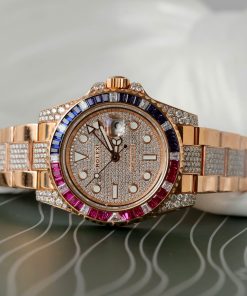 Đồng hồ Rolex GMT-Master II Replica 11 bọc vàng thật đính sapphire + kim cương moissanite 40mm (1)