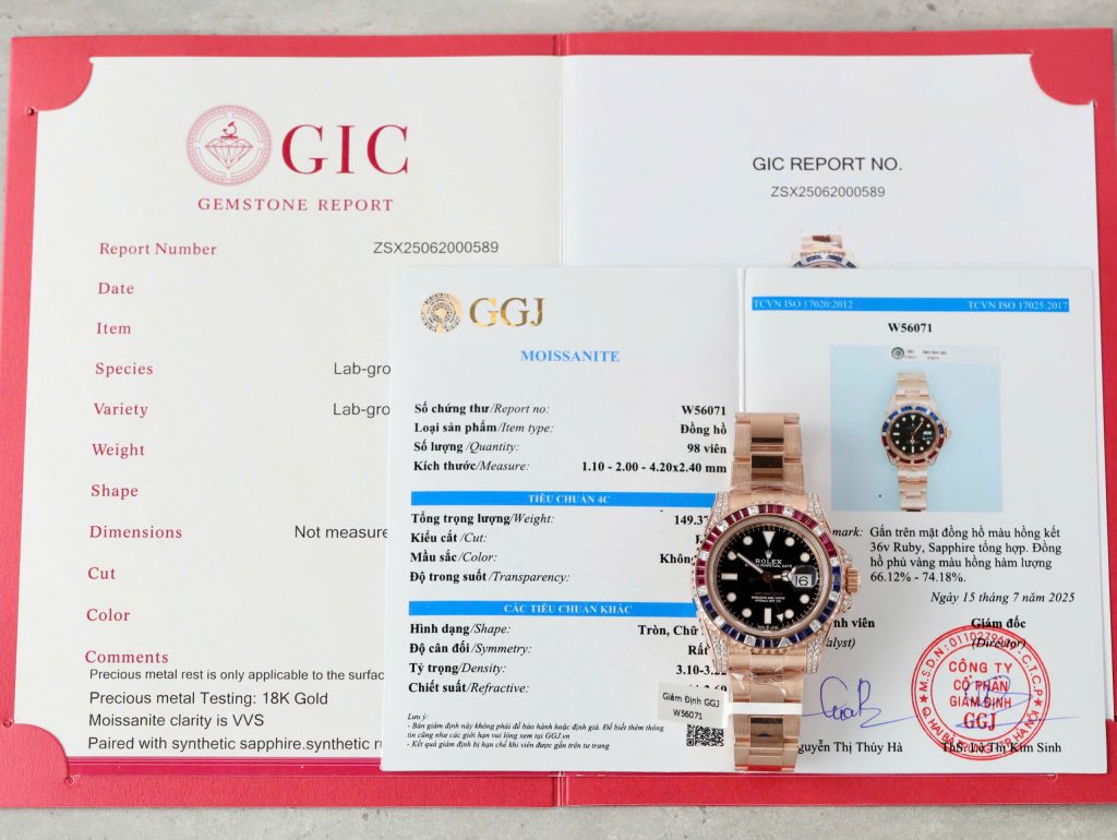 Đồng hồ nam Rolex GMT-Master II Rep 11 bọc vàng hồng đính sapphire + kim cương moissanite 40mm (2)