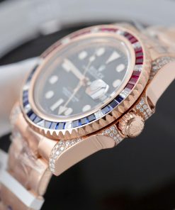 Đồng hồ nam Rolex GMT-Master II Rep 11 bọc vàng hồng đính sapphire + kim cương moissanite 40mm (2)