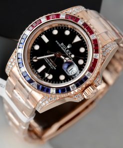 Đồng hồ nam Rolex GMT-Master II Rep 11 bọc vàng hồng đính sapphire + kim cương moissanite 40mm (2)