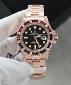 Đồng hồ nam Rolex GMT-Master II Rep 11 bọc vàng hồng đính sapphire + kim cương moissanite 40mm (2)