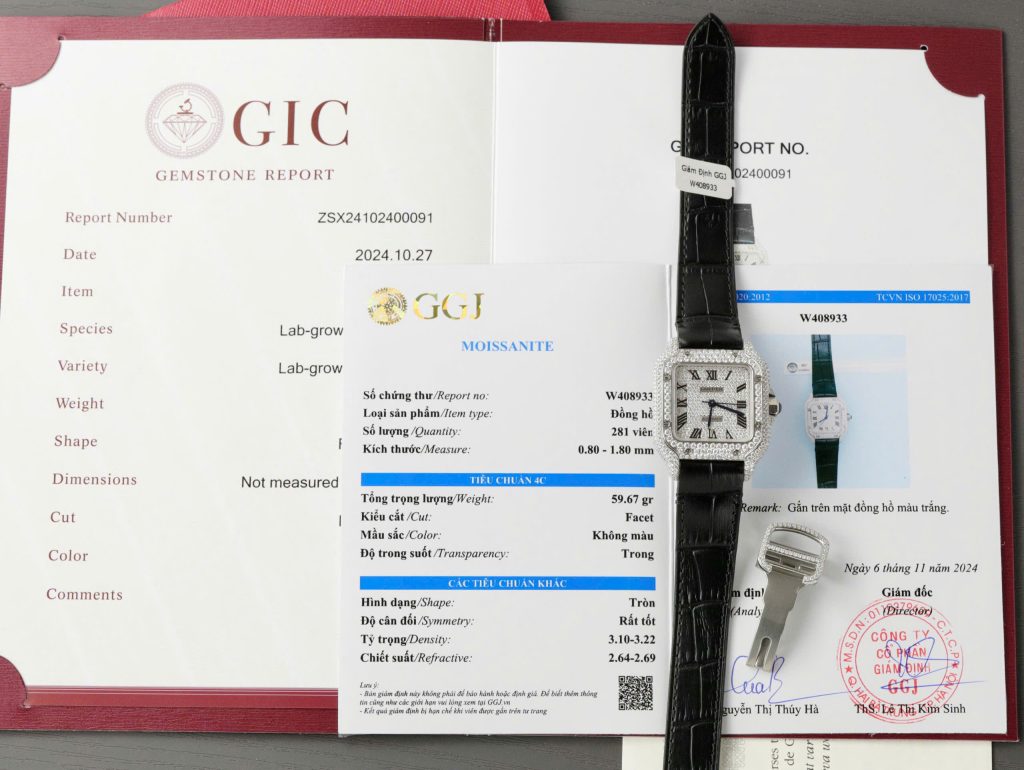 Đồng hồ nữ Cartier Santos chế tác đính full kim cương moissanite dây da 35mm (2)