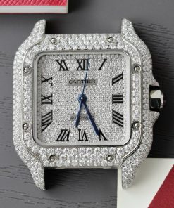 Đồng hồ nữ Cartier Santos chế tác đính full kim cương moissanite dây da 35mm (2)