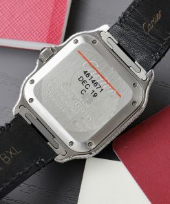 Đồng hồ nữ Cartier Santos chế tác đính full kim cương moissanite dây da 35mm (2)