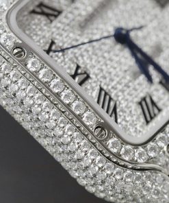 Đồng hồ nữ Cartier Santos chế tác đính full kim cương moissanite dây da 35mm (2)