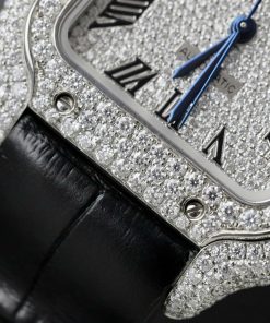 Đồng hồ nữ Cartier Santos chế tác đính full kim cương moissanite dây da 35mm (2)