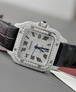 Đồng hồ nữ Cartier Santos chế tác đính full kim cương moissanite dây da 35mm (2)