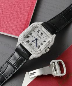 Đồng hồ nữ Cartier Santos chế tác đính full kim cương moissanite dây da 35mm (2)