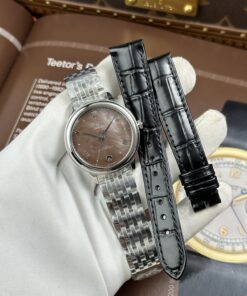 Đồng hồ nữ Omega Replica 11 De Ville Prestige mặt số khảm xà cừ nâu dây kim loại 34mm (2)