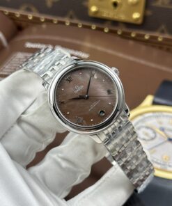 Đồng hồ nữ Omega Replica 11 De Ville Prestige mặt số khảm xà cừ nâu dây kim loại 34mm (2)