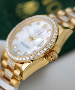 Đồng hồ nữ Rolex DateJust mặt MOP chế tác bọc vàng thật + đính kim cương moissanite 31mm (2)