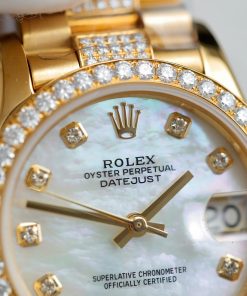 Đồng hồ nữ Rolex DateJust mặt MOP chế tác bọc vàng thật + đính kim cương moissanite 31mm (2)