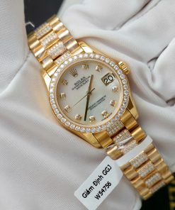 Đồng hồ nữ Rolex DateJust mặt MOP chế tác bọc vàng thật + đính kim cương moissanite 31mm (2)