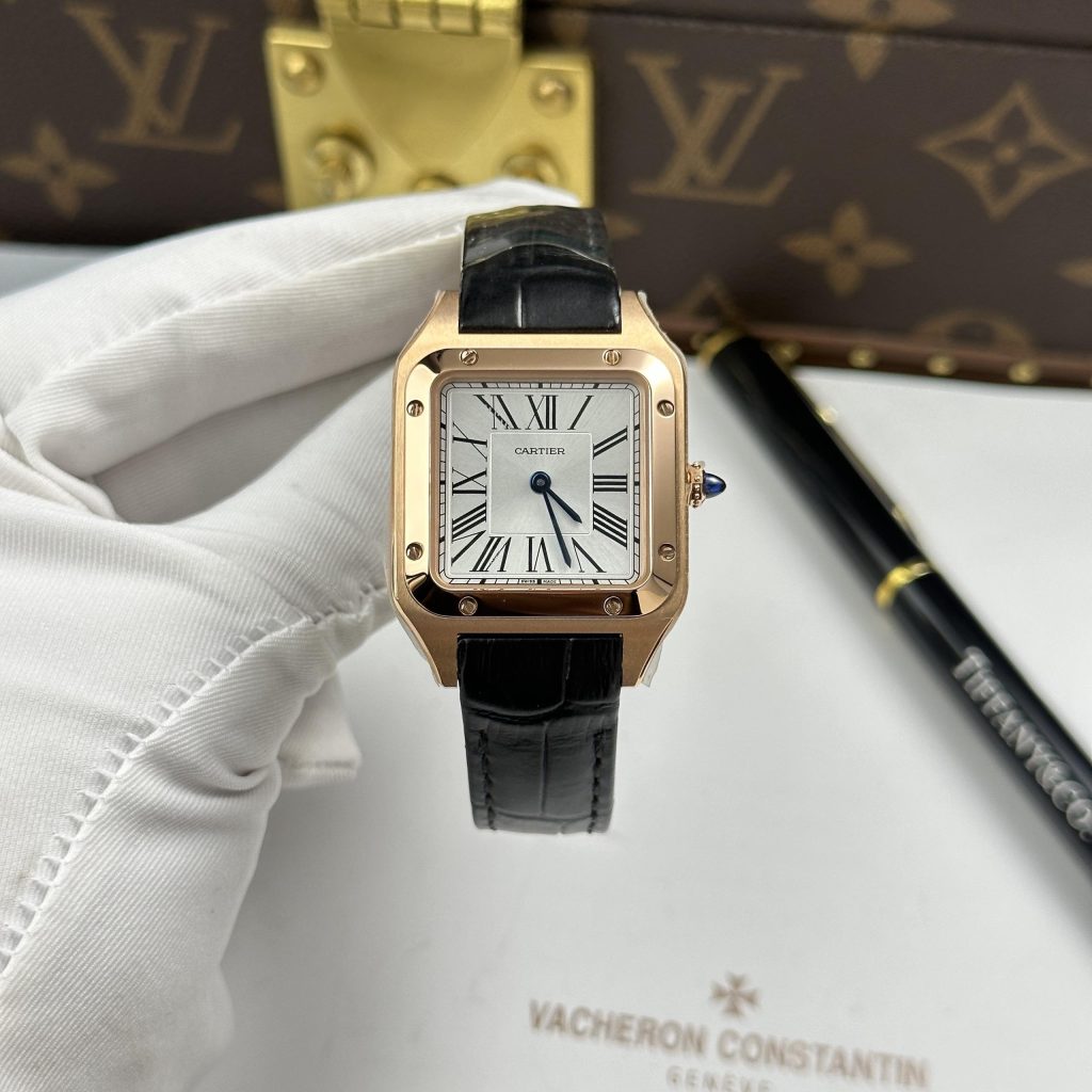 Đồng hồ Cartier Santos Dumont Rep 11 mặt xám bạc dây da 43.5×31 (2)