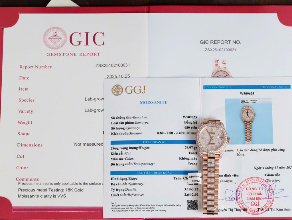 Đồng hồ Rolex DateJust nữ chế tác đính full moissanite vỏ bọc vàng hồng 31mm (2)