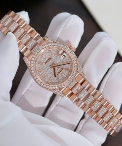 Đồng hồ Rolex DateJust nữ chế tác đính full moissanite vỏ bọc vàng hồng 31mm (2)