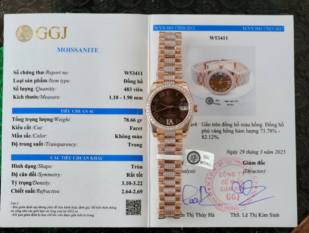 Đồng hồ Rolex DateJust nữ mặt nâu chế tác bọc vàng thật đính kim cương moissanite 31mm (1)