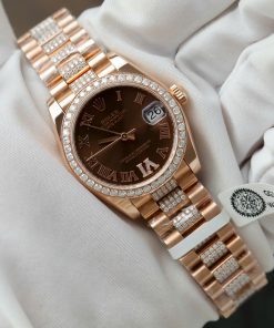 Đồng hồ Rolex DateJust nữ mặt nâu chế tác bọc vàng thật đính kim cương moissanite 31mm (1)
