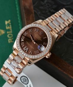 Đồng hồ Rolex DateJust nữ mặt nâu chế tác bọc vàng thật đính kim cương moissanite 31mm (1)