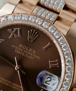 Đồng hồ Rolex DateJust nữ mặt nâu chế tác bọc vàng thật đính kim cương moissanite 31mm (1)