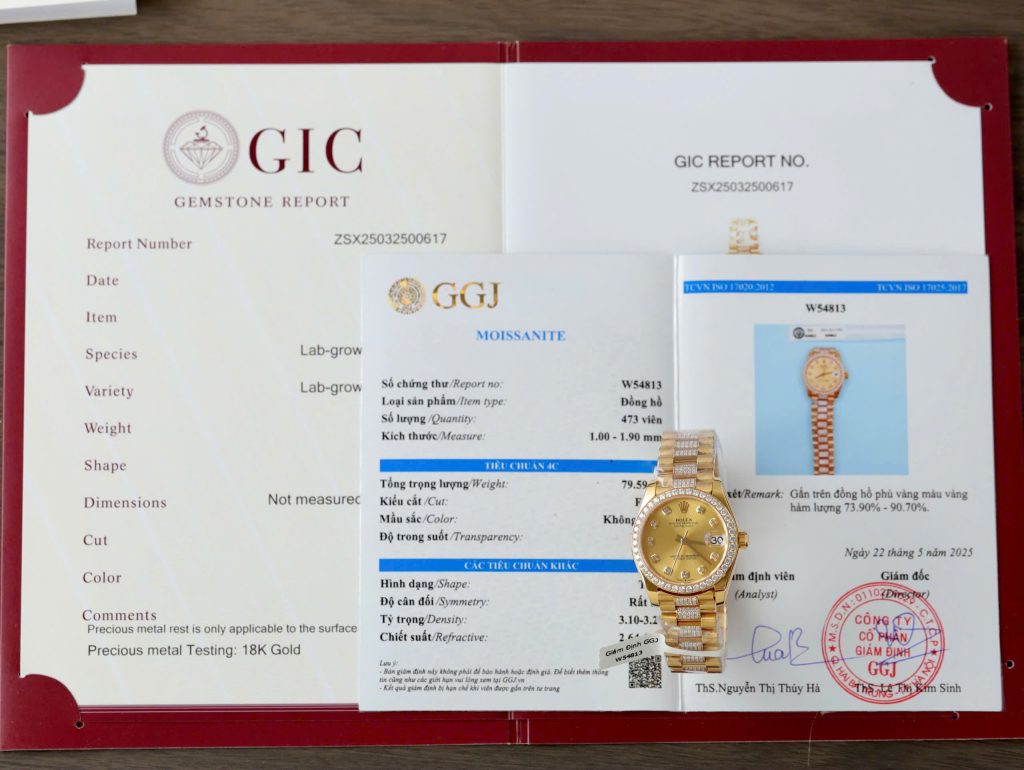 Đồng hồ Rolex DateJust nữ mặt vàng champagne chế tác bọc vàng thật đính kim cương moissanite 31mm (2)