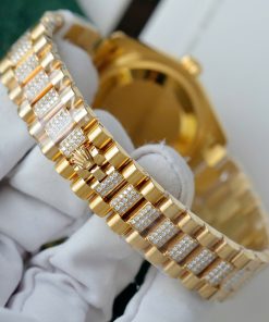 Đồng hồ Rolex DateJust nữ mặt vàng champagne chế tác bọc vàng thật đính kim cương moissanite 31mm (2)