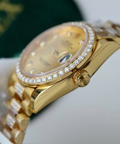 Đồng hồ Rolex DateJust nữ mặt vàng champagne chế tác bọc vàng thật đính kim cương moissanite 31mm (2)